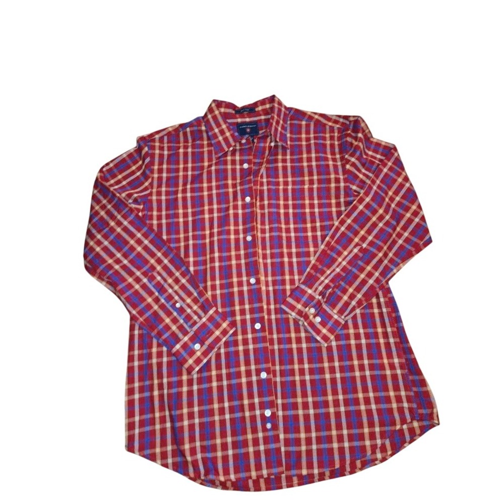 Hart Schaffner Marx Mens Medium Red Blue Plaid Long Sleeve Button Down Shirt‎